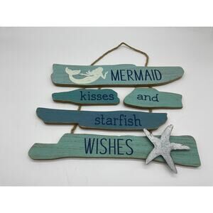Mermaid Kisses Starfish Wishes Coastal Wall Hanging Sign Beach Nautical Decor
